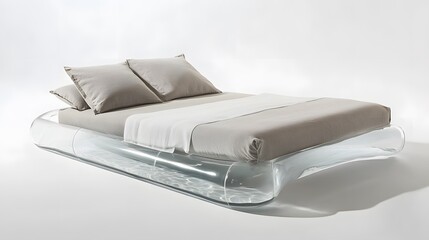 Modern Clear Bed : A sleek modern bed, resting against a neutral backdrop, offers a vision of minimalist elegance with transparent base and pristine bedding.