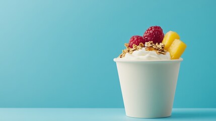 Cup of yogurt with fresh raspberries, pineapple, and granola on blue background