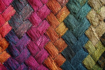 A close up image of woven colorful fabric texture
