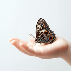 Fototapeta premium Butterfly's Gentle Embrace: Capturing a moment of delicate beauty as a captivating butterfly alights gently on an open hand, the image is a testament to the beauty of nature.