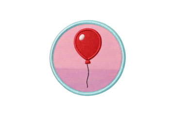 Colorful Red Balloon Embroidered Patch on Soft Pink Background with Circular Frame Design