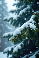 Snowflakes gently fall on towering pine tree branches, flakes, snow