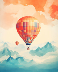 Fototapeta premium Colorful watercolor hot air balloons soaring over mystical mountains at sunrise