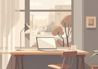 Fototapeta premium Cozy workspace with a laptop and a view of the city outside