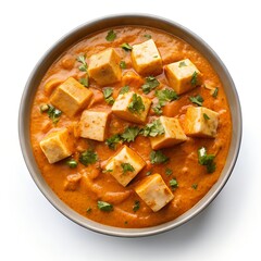 Indian Paneer butter masala curry dish top view isolated on white background. Paneer curry top view. Indian traditional paneer cheese gravy dish.
