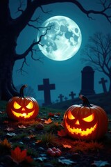 Spooky pumpkins and gravestones lit up at night with a full moon behind them, dark, creepy, autumnal