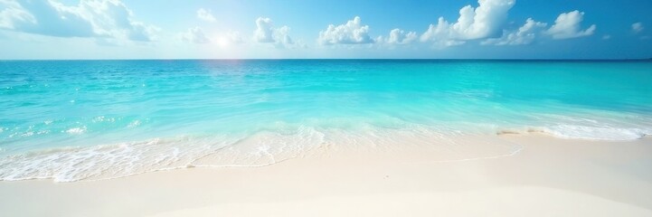 Fototapeta premium Azure water laps white sand beach, summer sun shines , horizon, coastal
