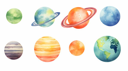 Colorful watercolor depiction of the solar system featuring planets and unique designs in a vibrant artistic style