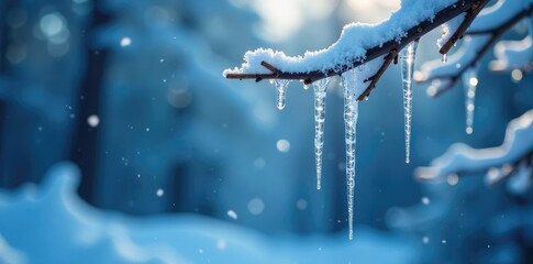 Twinkling icicles hanging from a frozen tree branch, Icy blue glitter, Sparkling frost