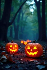 Twinkling Jack O lanterns in the forest darkness, autumn, trees