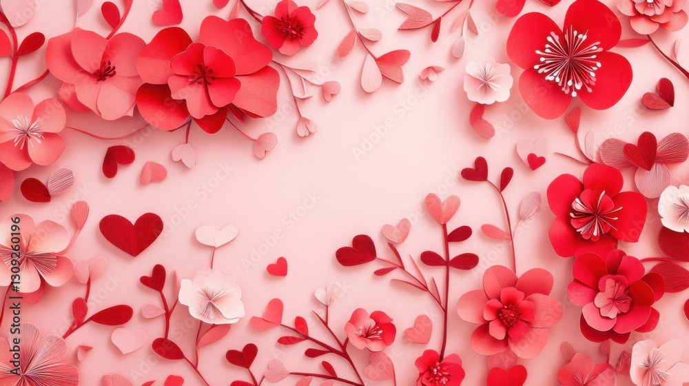 Fototapete elegant paper-cut red flowers and hearts arranged in a delicate pattern on a soft pink background.