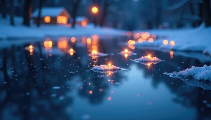 Twinkling lights embedded in a frozen lake on a winter wonderland background, glowing ripples, whimsical scene, frosty atmosphere