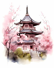 Cherry blossom trees surround a beautiful Japanese pagoda in watercolor style, showcasing traditional architectural elegance in springtime beauty