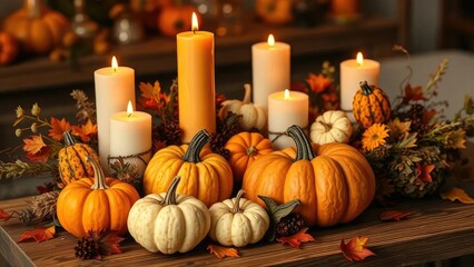 Candles and gourds in autumn arrangement on wooden table, warm, halloween decor