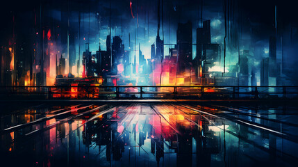 Watercolor depiction of a glowing city skyline at night with vibrant reflections and dramatic lighting effects