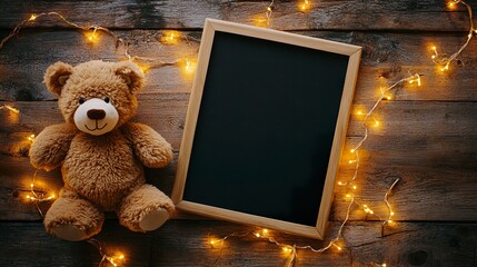 Rustic fall-themed pregnancy announcement, black letter board with bold white text, golden fairy lights creating warmth, plush teddy bear on a wooden floor, top-down view