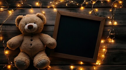 Rustic fall-themed pregnancy announcement, black letter board with bold white text, golden fairy lights creating warmth, plush teddy bear on a wooden floor, top-down view 