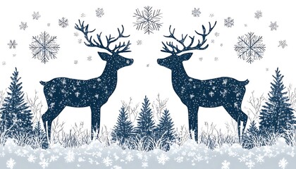 Two reindeer facing each other in snowy forest.