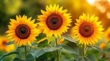 Obraz premium Three Sunflowers in a Brightly Lit Field