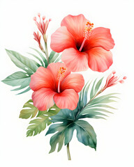 Obraz premium Bright watercolor hibiscus flowers with tropical palm leaves create a vibrant botanical composition in soft hues