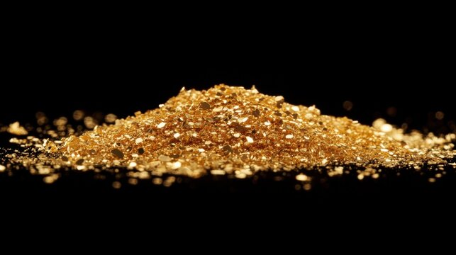 Pile of shimmering gold particles on black background