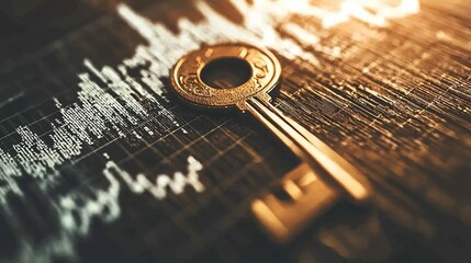 Golden key on dark wooden table symbolizing private credit and financial security, with abstract financial charts in the background, representing trust and wealth management concepts.