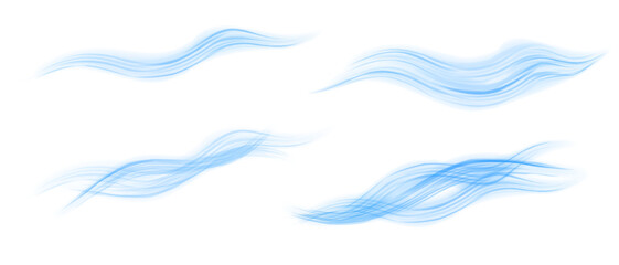 Realistic wind blow swirls Air, wind effect isolated on transparent background. White, blue blowing stream vector. Airflow overlay: fresh air, cooling or changing the air. Wind Wave Effect. 3D