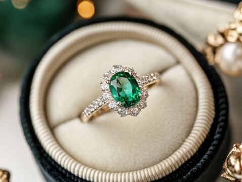 Elegant green emerald engagement ring with diamond accents in luxurious setting