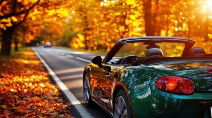 Autumn road trip convertible car on fall foliage road