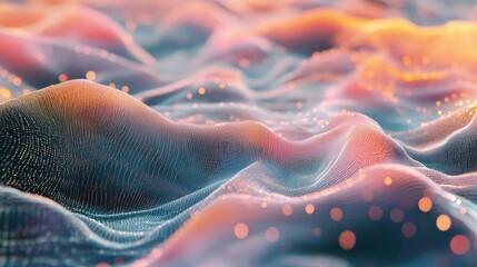 A soft, colorful wavy texture with tiny digital dots floating in motion, symbolizing energy and technology.