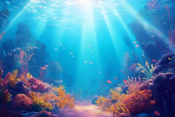 Fototapeta premium Explore the blue abyss beneath the ocean surface where sunlight filters through, revealing vibrant marine life and colorful coral formations during a serene diving experience