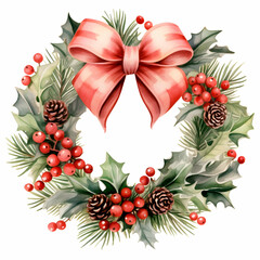 Fototapeta premium Watercolor Christmas wreath adorned with holly and ribbon featuring red berries and pinecones for festive decoration