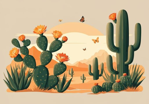 Vibrant desert landscape featuring cacti and butterflies in warm tones