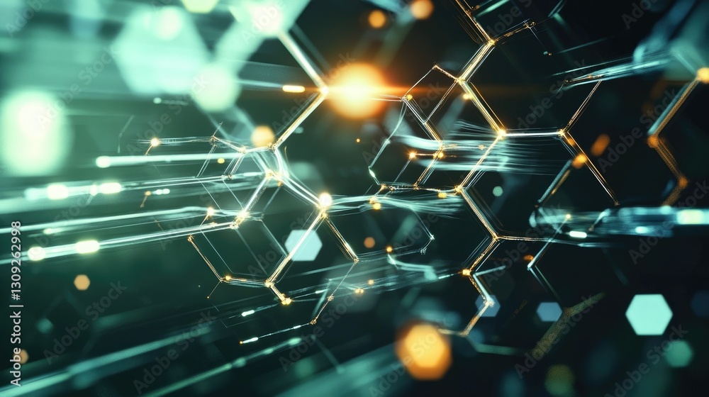Poster a sophisticated biotech concept with transparent hexagonal structures and soft digital light streaks
