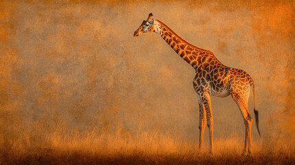 Fototapeta premium A solitary giraffe gracefully standing in a tranquil savanna, bathed in the ethereal golden light of sunset