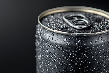 A sleek tin can for a carbonated drink without any inscriptions, covered in fresh water droplets. 