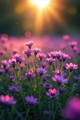 Evening light bathes a field of purple blooms , photography, meadow