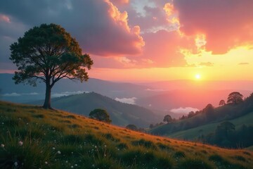 Obraz premium Dreamy landscape of rolling hills and towering trees at dawn, sunrises, soft colours