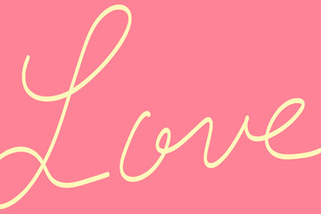 筆記体のLOVEの手描き文字　ピンクの背景に黄色の文字　かわいい素材　バレンタイン