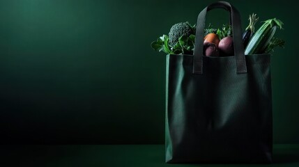 Green reusable bag filled with fresh vegetables on dark background