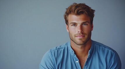 Fototapeta premium Handsome man denim shirt portrait thoughtful expression AI generated