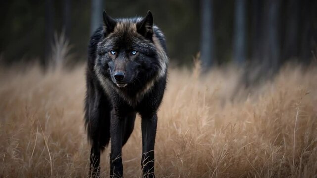 A striking black wolf stands in a snowy forest, showcasing its intense gaze and elegant features, embodying the beauty of wildlife in winter.