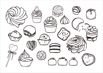 Hand-drawn illustration. White and deep brown set of vector sweets