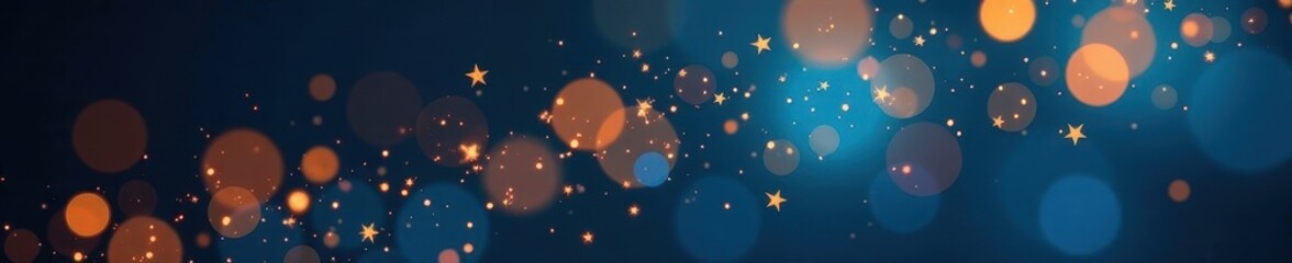 Fototapeta premium Golden sparkles burst on dark blue bokeh background, glitter background, banner