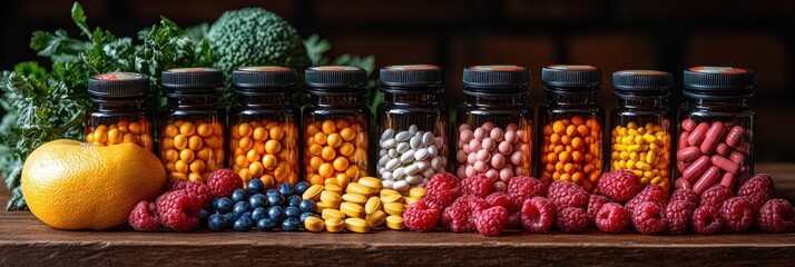 Vitamins, fruits, and vegetables displayed with assorted medicine for health promotion