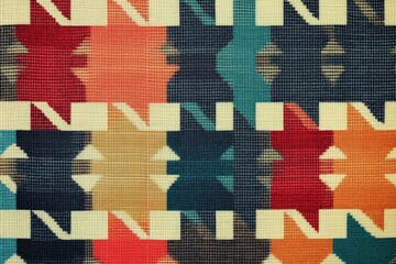 A textured textile background with repeating colorful geometric patterns