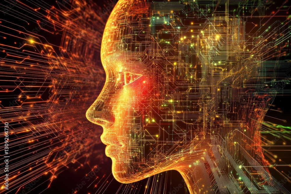 Poster representation of artificial intelligence with glowing circuits and digital patterns