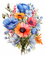 Colorful watercolor wildflower bouquet featuring daisies and various blossoms in an artistic arrangement