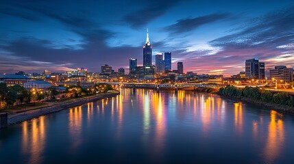 Obraz premium The Nashville skyline bathed in golden dusk light, bright city lights shimmering, the AT&T Building towering over the city, reflections dancing on the river, wide-angle perspective. 
