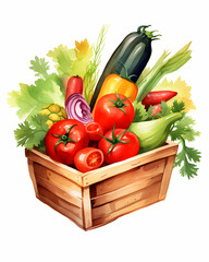 Watercolor illustration depicting a wooden basket filled with fresh vegetables and herbs in a vibrant, colorful arrangement